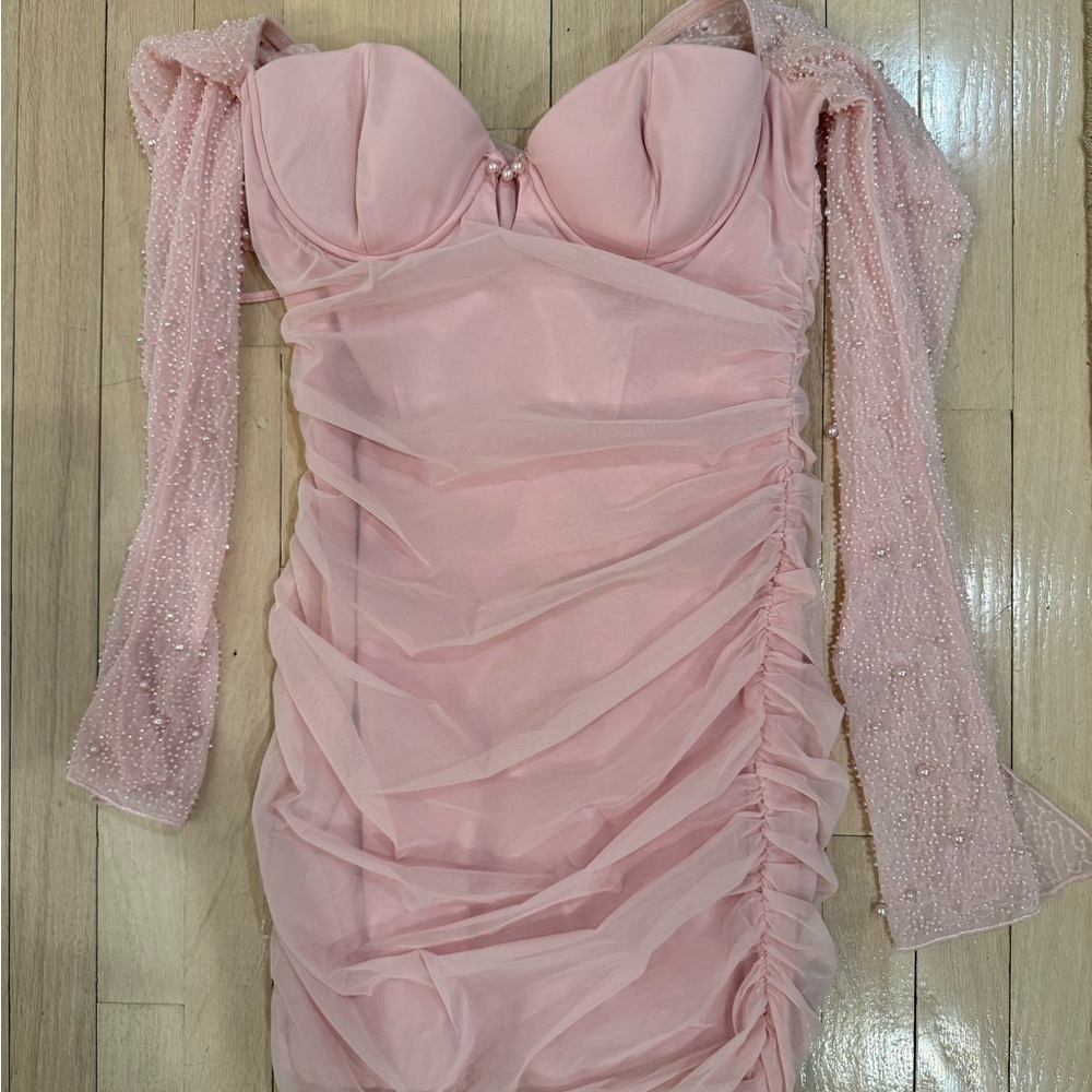 Oh Polly Blush Long Sleeve Ruched Dress